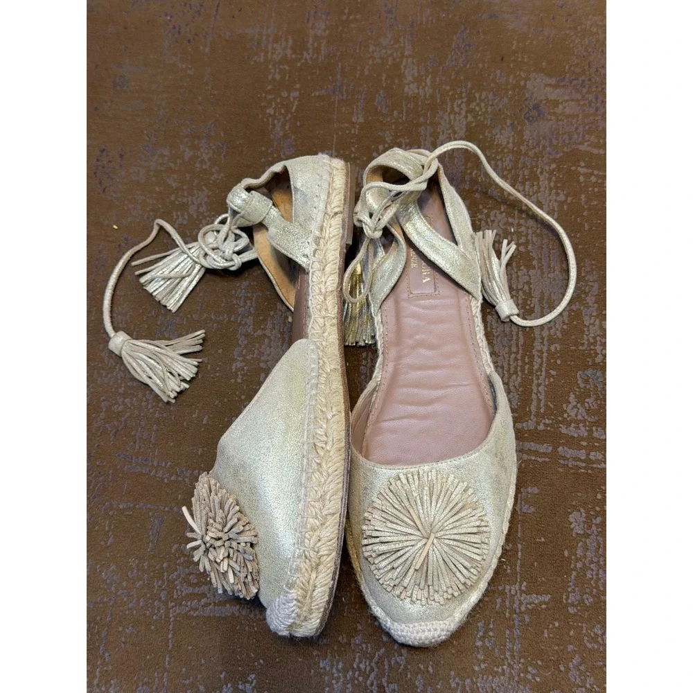 Aquazzura Gold Metallic Pom Pom Tassel Lace Up Espadrille Flats EU 38.5 Spain